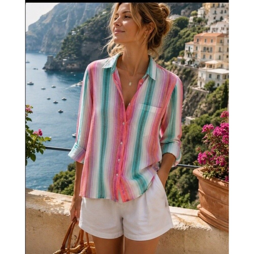 J Crew Rainbow Linen Button Up Shirt Vertical Stripe Size 10 Long Sleeve